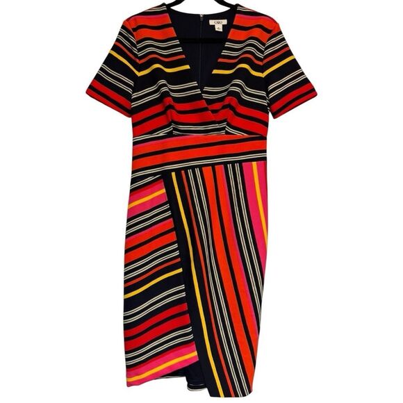 Cato Fully Lined Multicolor Dress with Multidirectional Stripes V-Neck Size 10 - Picture 1 of 11